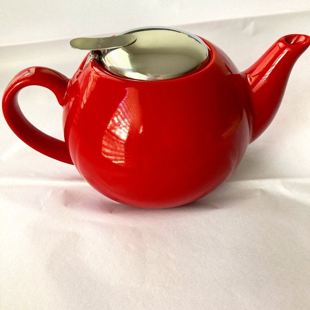 "Little Teapot Short & Stout." Cheerful Red Primula Ceramic Teapot, 24oz. $25